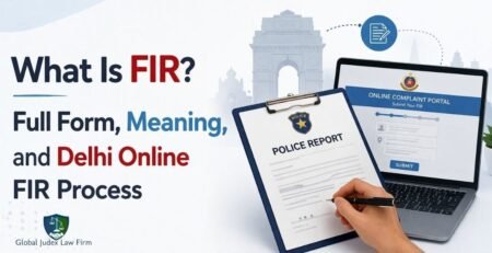 Indian citizen filing FIR at Delhi police station with officer assistance and online FIR process on computer screen
